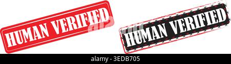 Set of two Human Verified rubber stamps in red and black, distressed verification badge labels isolated on white. Stock Vector