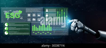 A robotic hand interacts with dynamic data displays focused on ESG metrics, emphasizing sustainability and corporate responsibility in a modern Stock Photo