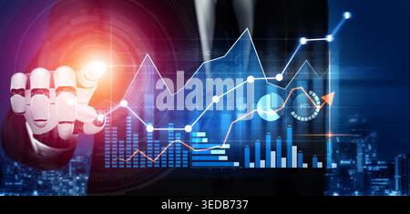 A businessman in a suit interacts with a holographic interface showcasing financial charts and data analysis against a night city skyline, symbolizing Stock Photo
