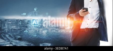 Concept of an enterprise Artificial Intelligence solution. A central processor powers machine learning for business automation, innovation, and Stock Photo