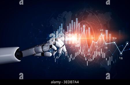 A robotic hand points at vibrant digital graphs and charts, symbolizing the intersection of technology and finance, representing data analysis, growth Stock Photo