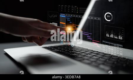 A project management dashboard for business. The interface features a Gantt chart to visualize the project timeline, task scheduling, and overall Stock Photo