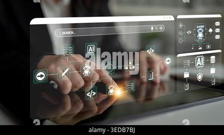 Hands Using Touch Screen Device with Abstract AI Interface and Digital Flow of Data and Information Concepts for Technology and Innovation Fluxor. Stock Photo