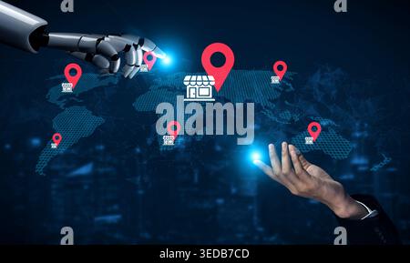 A captivating image showing a human hand and a robotic hand interacting with a digital map. The visual emphasizes the integration of technology in Stock Photo