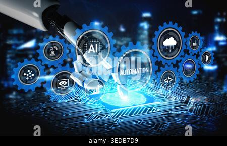 Futuristic Robot Arm Manipulating Gears and Icons Representing Automation, Artificial Intelligence, and Digital Technology Concepts in a High-Tech Stock Photo