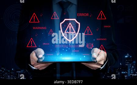 Businessman Holding Tablet with Digital Security Alerts and System Warnings in a Dark Urban Environment Representing Cybersecurity Challenges Cyphers Stock Photo