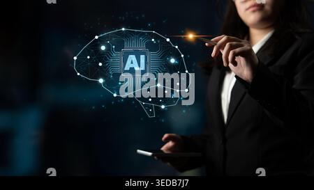 A concept of a deep learning neural network. The AI processor acts as the core of a digital brain, representing the complex algorithms and connections Stock Photo