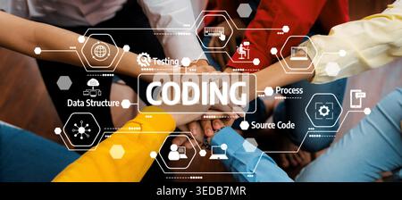 Collaborative Hands Symbolizing Teamwork in Coding and Software Development with Technical Icons Representing Data, Testing, and Process Optimization Stock Photo