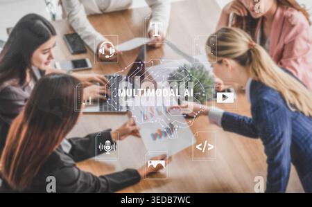 Diverse Team Collaborating on Multimodal AI Solutions in Modern Office Setting with Chart Presentations and Technology Integration Haptic. Stock Photo