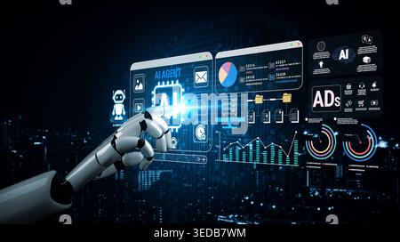 Futuristic Robotic Arm Interacting with Digital Interface Displaying AI Data Analysis and Statistics in a High-Tech Environment Fluxor. Stock Photo