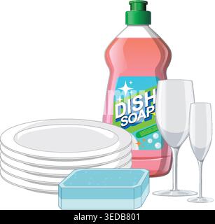 Vector illustration of dish soap, stacked plates, sponge, and wine glasses in clean style Stock Vector
