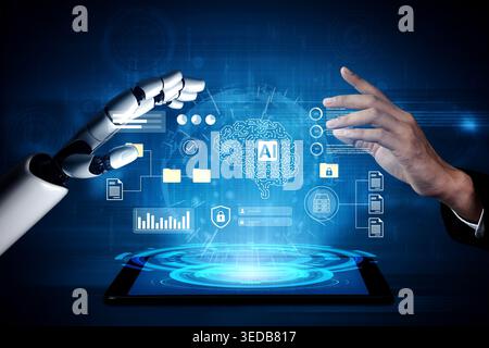 Hand of robot and human reaching out towards digital interface showcasing artificial intelligence concepts in a futuristic setting with data graphics Stock Photo