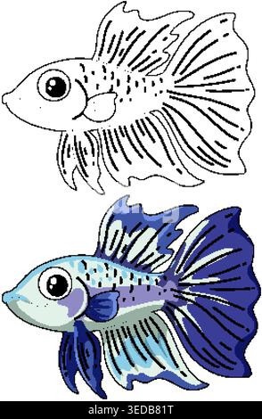 A Siamese fighting fish presented in both black line art and blue colored vector styles Stock Vector