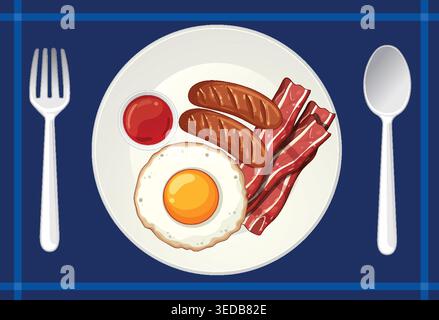 Vector illustration of fried egg, bacon, sausages, and ketchup on white plate, top view Stock Vector