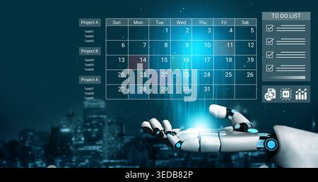 A robotic hand displays a holographic calendar interface featuring a detailed task list. This futuristic scene captures themes of project management Stock Photo