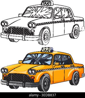 Vector illustration of classic yellow taxi cab with matching black-and-white outline version for coloring Stock Vector