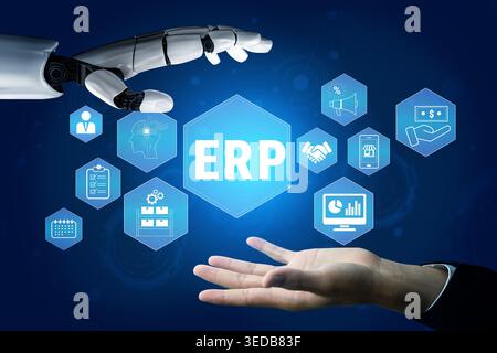 Futuristic Interaction Between Robot Hand and Human Hand With Various ERP Icons Representing Business Technology Solutions Quark. Stock Photo
