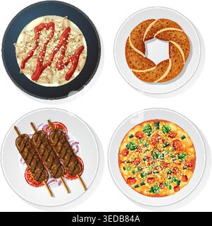 Colorful vector illustration of Turkish foods including kebab, simit, pide, and manti on plates Stock Vector