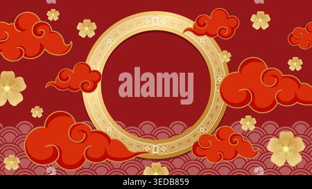 Traditional vector illustration with golden circular frame, red clouds, and cherry blossoms on red background Stock Vector