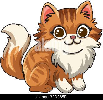 A flat vector illustration of a fluffy orange tabby kitten sitting with large expressive eyes Stock Vector