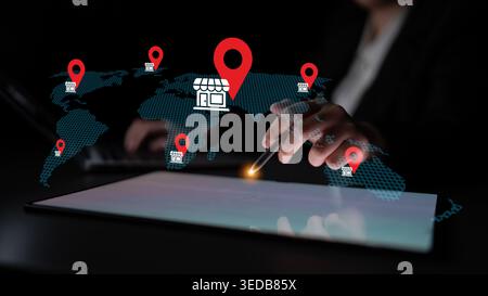Concept of global business strategy with a digital map and location markers representing growth opportunities in online retail and e-commerce Stock Photo