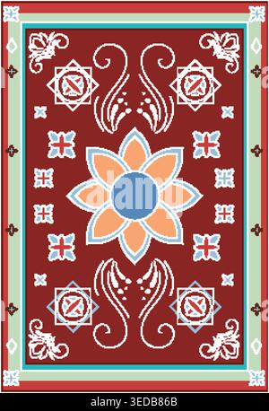 Symmetrical vector illustration with floral, geometric shapes, pastel colors, and decorative border elements Stock Vector