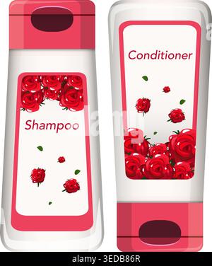 Vector illustration of rose-decorated shampoo and conditioner bottles with clean, modern design elements Stock Vector