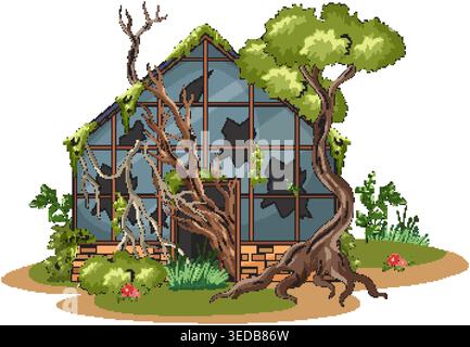 Vector illustration of derelict glass greenhouse overtaken by trees, vines, moss, and surrounding vegetation Stock Vector