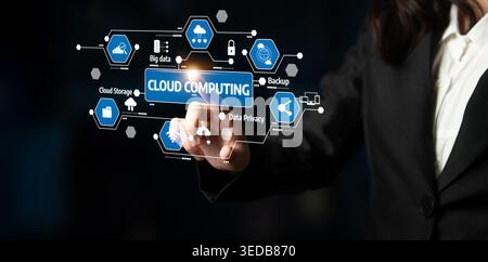 A professional engages with an advanced cloud computing interface representing data management, security, and innovative technology solutions for Stock Photo