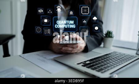 Professional Individual Using Smartphone with Quantum Computing Icons Displayed on Screen at Modern Office Desk Fluxor. Stock Photo