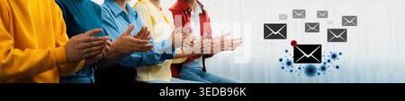 A lively group of diverse individuals applauding in a festive atmosphere, accompanied by abstract email graphics symbolizing digital communication in Stock Photo