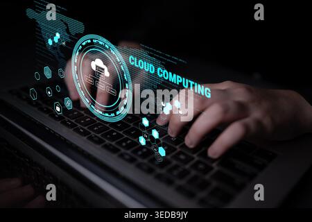 Global cloud computing platform providing services for software development. A worldwide network for data storage, security, and application hosting Stock Photo