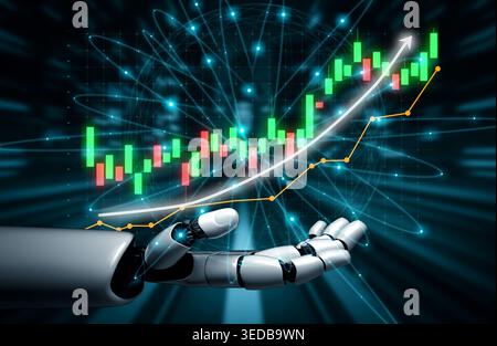 A futuristic robotic hand displays digital financial data, showcasing a green and red graph with upward momentum, symbolizing economic growth and Stock Photo