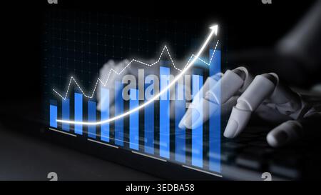 A conceptual image showcasing a robot hand typing on a keyboard, with visual representations of growth and analytics. Ideal for financial and tech Stock Photo