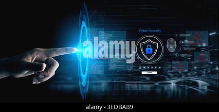 This striking image illustrates the concept of cyber security, featuring a hand reaching towards a digital shield, symbolizing the importance of Stock Photo