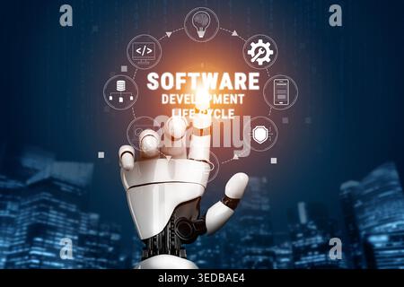 Futuristic Robot Hand with Software Development Lifecycle Icons, Symbolizing Technology, Automation, and Innovation in a Modern Digital Environment Stock Photo