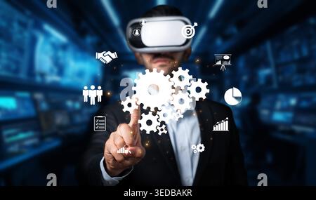 A professional in virtual reality interacts with digital tools symbolizing teamwork and innovative connections, highlighting the unity and Stock Photo