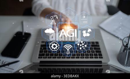 Detailed Representation of Advanced General Intelligence Concept with Visual Elements and Technology Icons on Modern Laptop in Professional Workspace Stock Photo