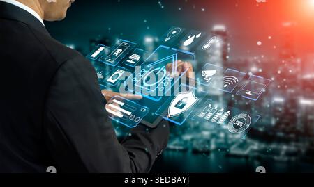 Businessman Interacting with Futuristic Cybersecurity Technology Interface in Modern Urban Setting Quark. Stock Photo