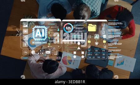 Diverse Group of Professionals Collaborating on Artificial Intelligence Project with High-Tech Dashboard Displayed on Wooden Table Fluxor. Stock Photo