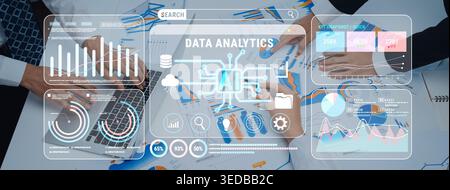 Professional Team Collaborating on Advanced Data Analytics with Laptop, Charts, and Visuals Representing Technology and Artificial Intelligence Stock Photo