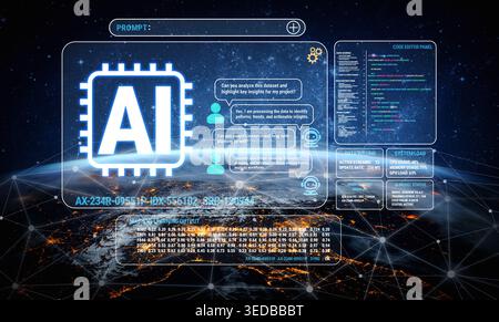 Futuristic Interface Displaying AI Data Processing Information Over Earth, Visualizing Technology and Innovation with Digital Elements and Data Stock Photo