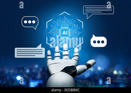 A robotic hand interacts with a digital AI interface, showcasing futuristic communication icons against a vibrant city skyline. Perfect for technology Stock Photo