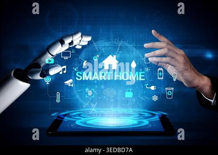 Futuristic Interaction Between Human Hand and Robotic Arm with Smart Home Interface on Tablet Display in Digital Technology Concept Haptic. Stock Photo