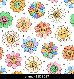 Groovy daisy flower characters seamless pattern Stock Vector