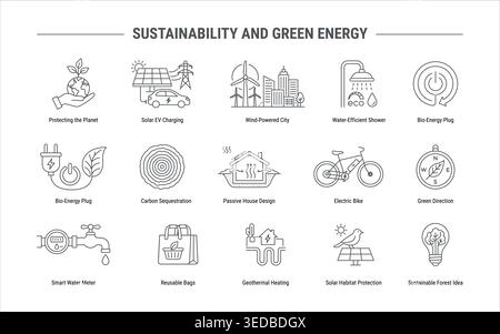 Sustainability and green energy thin line icon set, eco technology concepts Stock Vector