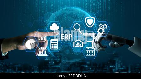 Futuristic Collaboration Between Human and Robot Hands Interacting with Digital Icons Representing Enterprise Resource Planning Technologies and Stock Photo