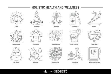 Holistic health and wellness thin line icon set, lifestyle balance concepts Stock Vector