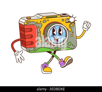 Cartoon groovy photo camera cheerful character Stock Vector