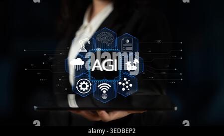 Modern Digital Concept of Artificial General Intelligence with Technological Icons and Abstract Background, Representing Future and Innovation in AI Stock Photo